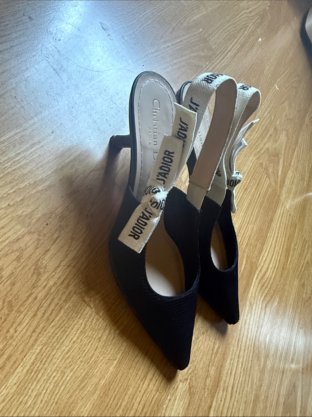 Authentic Dior Black Pointed-Toe Slingback Heels With J'adior Ribbon